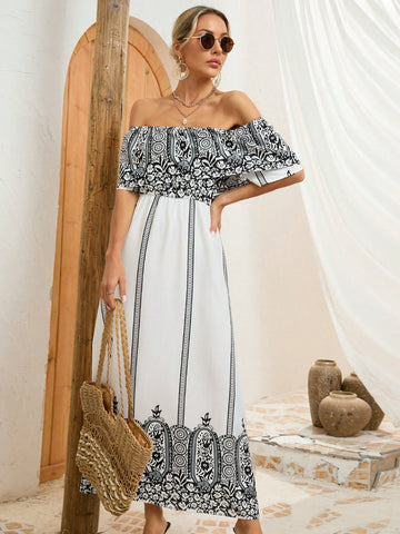 Printed Short Sleeve One Shoulder Women's Dress