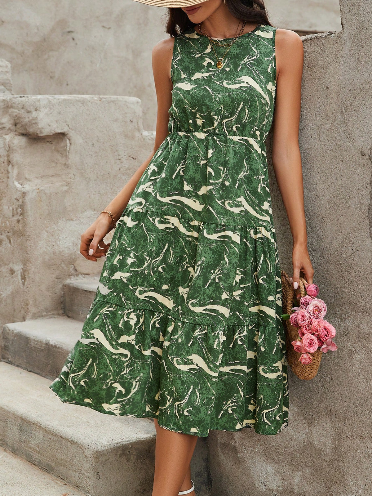 Printed Sleeveless Dress With Round Neckline, Pleated Waistband And Ruffle Hem