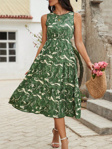 Printed Sleeveless Dress With Round Neckline, Pleated Waistband And Ruffle Hem