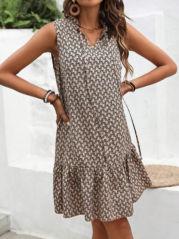 Printed Sleeveless Dress With Tie Neck Detail