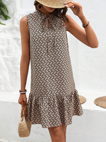 Printed Sleeveless Dress With Tie Neck Detail