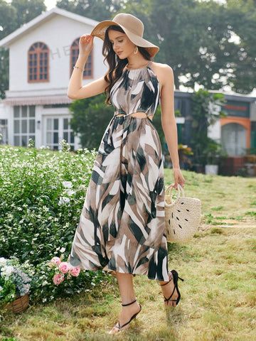 Printed Sleeveless Hollow Out Waist Women's Maxi Dress