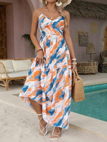 Printed Spaghetti Strap Loose Fit Dress With Elastic Waist