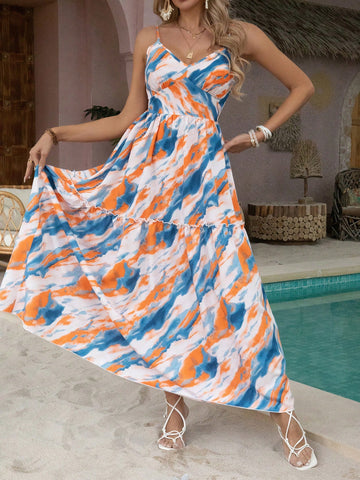 Printed Spaghetti Strap Loose Fit Dress With Elastic Waist