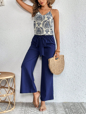 Printed Spaghetti Strap Top And Solid Color Wide Leg Pants Two-Piece Set