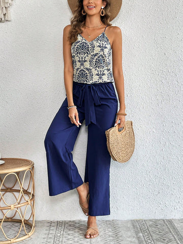 Printed Spaghetti Strap Top And Solid Color Wide Leg Pants Two-Piece Set