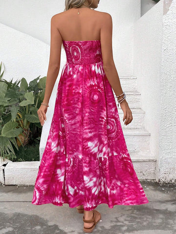 Printed Strapless A-Line Women's Vacation Dress, With Pleated Hem And Slim Fit, Knee-Length