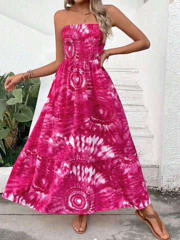 Printed Strapless A-Line Women's Vacation Dress, With Pleated Hem And Slim Fit, Knee-Length