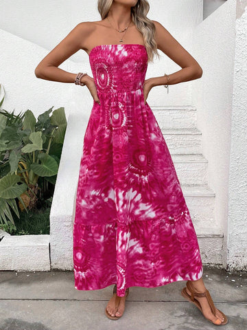 Printed Strapless A-Line Women's Vacation Dress, With Pleated Hem And Slim Fit, Knee-Length