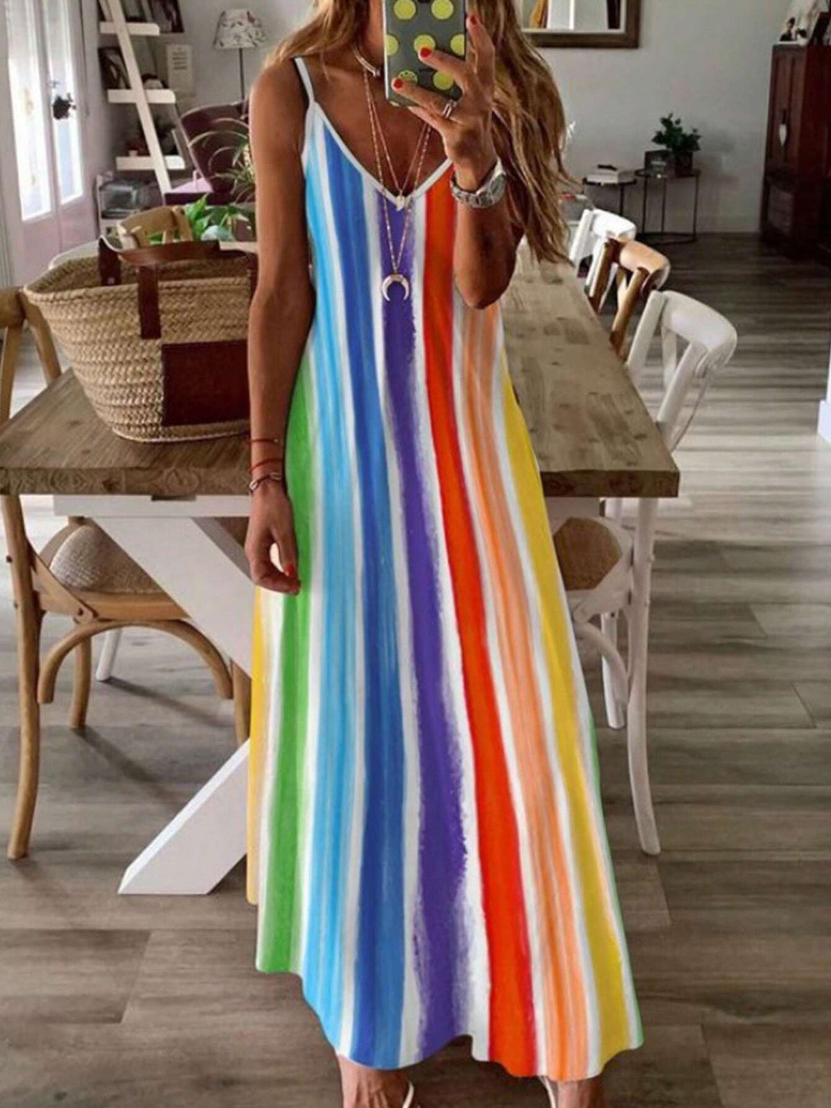 Rainbow Vertical Striped Print Sleeveless Loose Maxi Dress For Beach Vacation