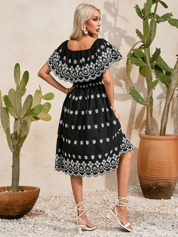 Random Embroidered One Shoulder A-Line Dress With Drawstring Waist