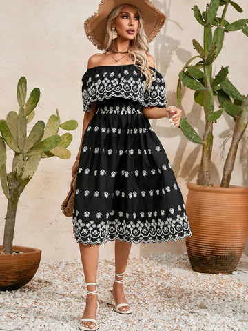 Random Embroidered One Shoulder A-Line Dress With Drawstring Waist