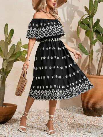 Random Embroidered One Shoulder A-Line Dress With Drawstring Waist