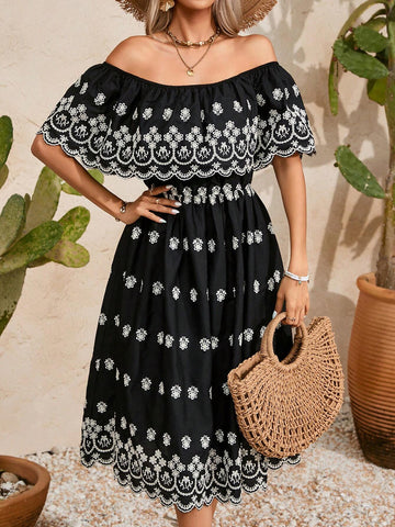 Random Embroidered One Shoulder A-Line Dress With Drawstring Waist