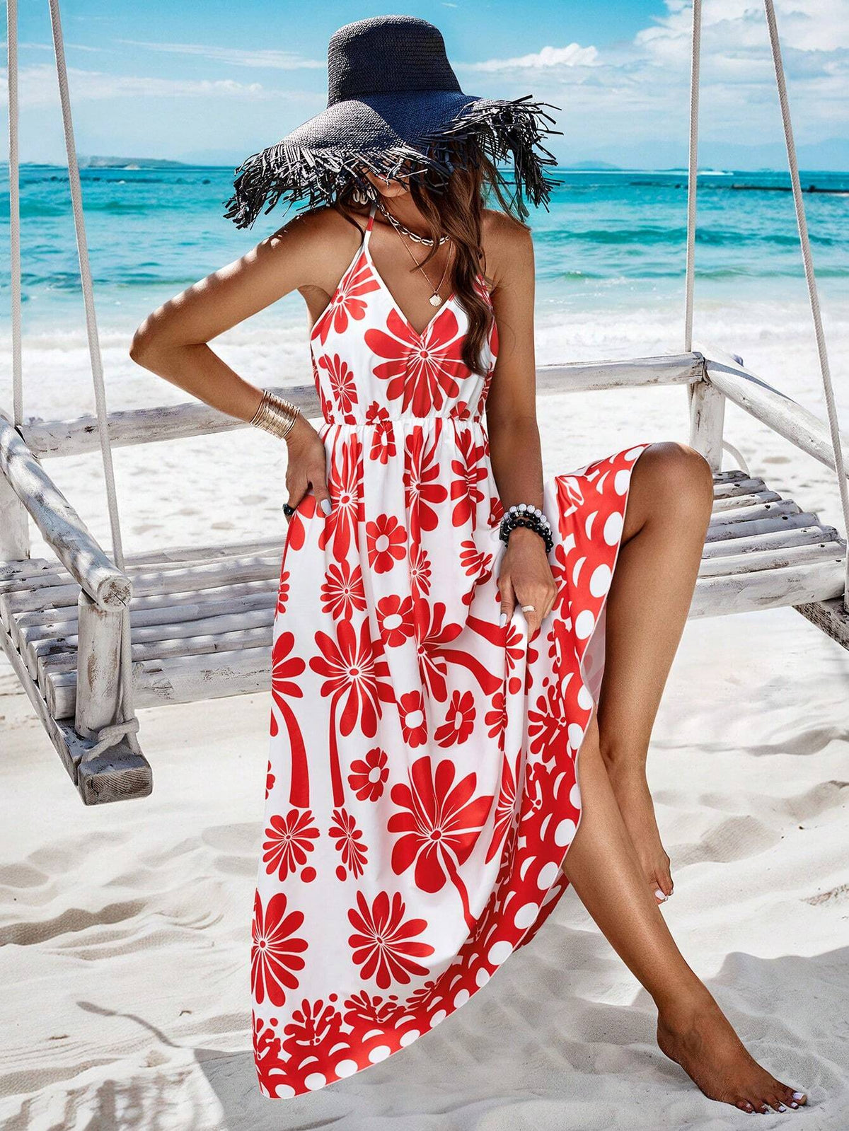 Random Floral Printed Cinching Waist Cami Dress