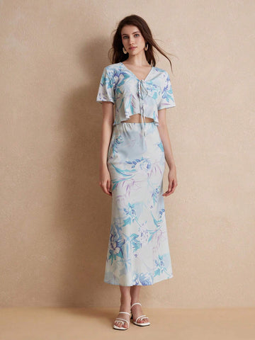 Random Fresh Flower Print Lace-Up Sexy High Waist Ruffle Hem Short Sleeve Long Dress Set