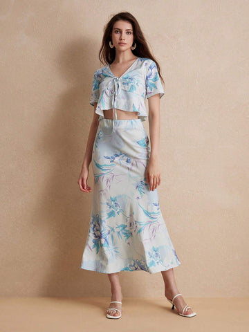 Random Fresh Flower Print Lace-Up Sexy High Waist Ruffle Hem Short Sleeve Long Dress Set