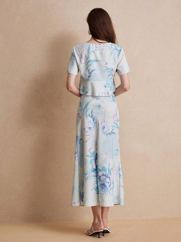 Random Fresh Flower Print Lace-Up Sexy High Waist Ruffle Hem Short Sleeve Long Dress Set