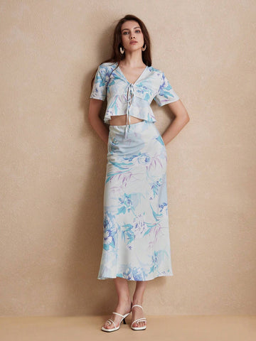 Random Fresh Flower Print Lace-Up Sexy High Waist Ruffle Hem Short Sleeve Long Dress Set