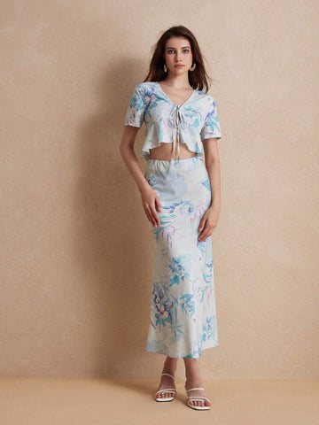 Random Fresh Flower Print Lace-Up Sexy High Waist Ruffle Hem Short Sleeve Long Dress Set