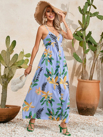 Random Plant Printed Cross Back Sleeveless Dress