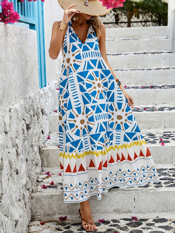 Random Printed Backless Halter Neck Dress