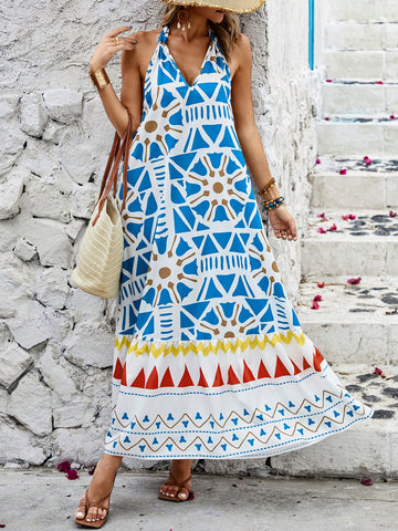 Random Printed Backless Halter Neck Dress