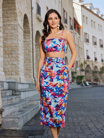 Random Printed Camisole Top And Slanted Pocket Skirt Two Piece Set