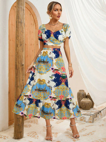 Random Printed Cropped Top And Skirt Set