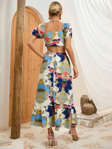 Random Printed Cropped Top And Skirt Set
