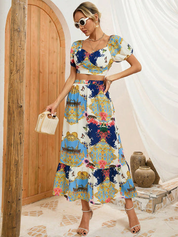 Random Printed Cropped Top And Skirt Set