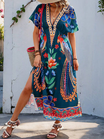 Random Printed Deep V-Neck Batwing Sleeve Side Split Vacation Leisure Dress