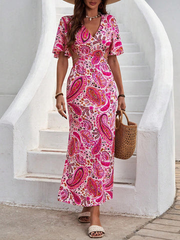 Random Printed Hollow Out Flare Short Sleeve Dress With Waist Cut-Out