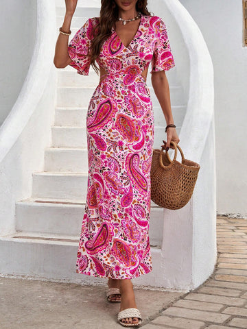 Random Printed Hollow Out Flare Short Sleeve Dress With Waist Cut-Out