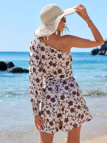 Random Printed One Shoulder Lantern Sleeve Romper