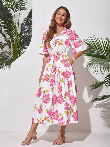 Random Printed Short Sleeve Dress Suitable For Holiday Travel Outfits