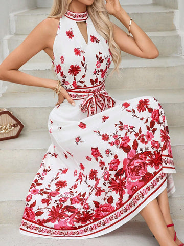 Random Printed Sleeveless Dress With Keyhole Neckline, Waist Belt, Perfect For Vacation