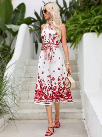 Random Printed Sleeveless Dress With Keyhole Neckline, Waist Belt, Perfect For Vacation