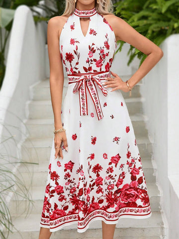 Random Printed Sleeveless Dress With Keyhole Neckline, Waist Belt, Perfect For Vacation