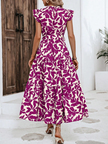 Random Printed Women Simple Daily Wear Belted Dress