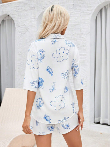 Random Printed Women's Short Sleeve And Shorts Set