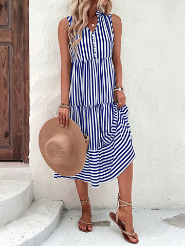 VCAY Random Striped Notched Neckline Sleeveless A-Line Dress With Keyhole Cutout