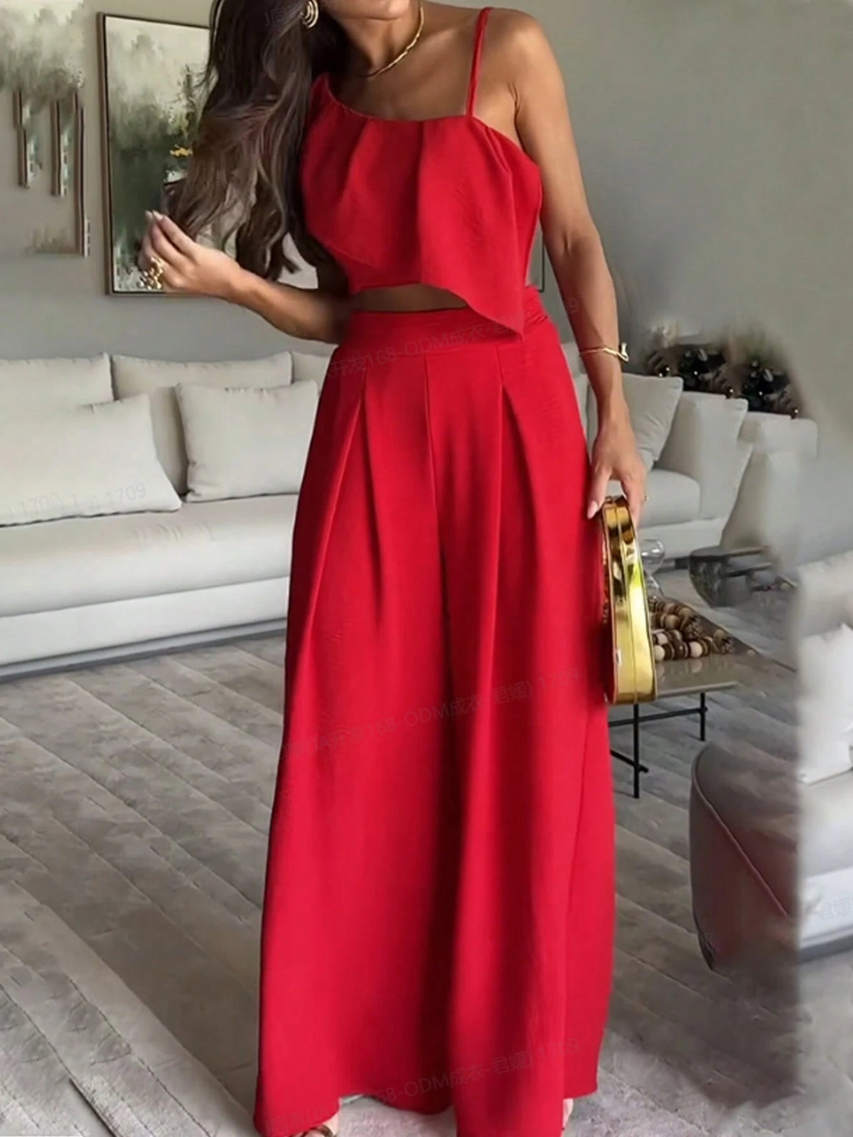 Red High Waist Irregular Shoulder Ruffle Trim Top And Wide Leg Pants Vacation Women's 2 Piece Set