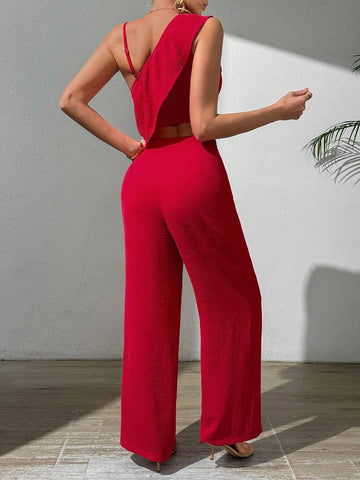 Red High Waist Irregular Shoulder Ruffle Trim Top And Wide Leg Pants Vacation Women's 2 Piece Set