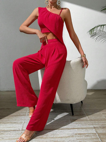 Red High Waist Irregular Shoulder Ruffle Trim Top And Wide Leg Pants Vacation Women's 2 Piece Set