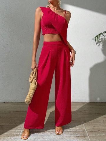 Red High Waist Irregular Shoulder Ruffle Trim Top And Wide Leg Pants Vacation Women's 2 Piece Set