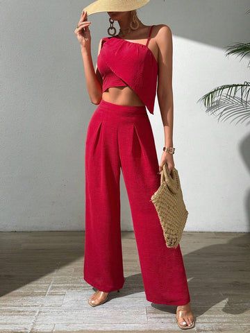 Red High Waist Irregular Shoulder Ruffle Trim Top And Wide Leg Pants Vacation Women's 2 Piece Set