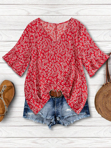 VCAY Red Mini Floral Ruffle Sleeve U-Neck Blouse