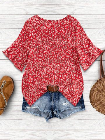 VCAY Red Mini Floral Ruffle Sleeve U-Neck Blouse