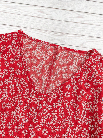 VCAY Red Mini Floral Ruffle Sleeve U-Neck Blouse
